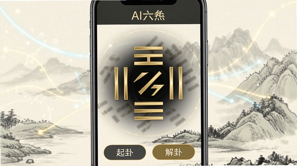 一张展示AI六爻应用界面的手机截图，画面中央显示一个动态的六爻卦象生成过程，卦象由金色线条构成，背景是淡雅的山水墨画风格，整体色调古朴而富有科技感，手机屏幕上方显示“AI六爻”字样，下方有“起卦”“解卦”按钮，画面清晰明亮，适合作为软件预览图