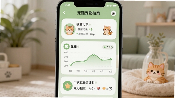宠链宠物档案功能界面截图，手机屏幕上显示一只橘猫的详细健康数据，包含疫苗记录、体重折线图、下次驱虫倒计时等模块，界面以浅绿色为主色调，图标设计圆润可爱，背景虚化处理突出手机屏幕内容。