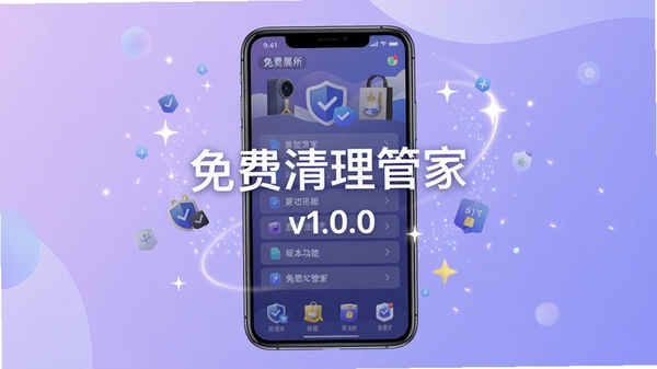 免费清理管家版本更新内容展示图，手机界面展示新增功能列表，背景为柔和的渐变紫色，搭配轻盈的粒子光效，视觉上体现优化与升级的概念，画面中央显示免费清理管家名称与v1.0.0版本号