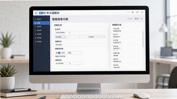 考试通题库（高中地理）智能组卷功能界面，展示试卷生成选项和地理知识点分类，界面简洁现代，电脑屏幕显示