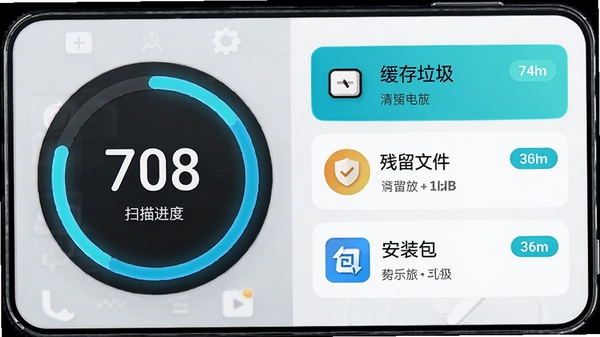 游龙工具垃圾清理功能预览图，画面左侧显示扫描进度环，右侧列举缓存垃圾、残留文件、安装包等分类条目，每个条目带有大小标签，背景为浅灰色与白色相间的智能机风格，强调安全清理与空间释放，数字渲染，高清细节