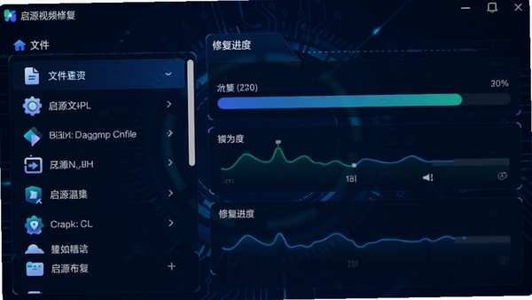 启源视频修复主界面，左侧为文件列表，右侧为修复进度，背景为深蓝色科技感风格，图标明亮清晰