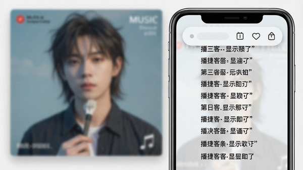 播捷客歌词显示功能预览，画面展示手机屏幕上的滚动歌词与悬浮窗效果，背景为模糊处理的音乐专辑封面，前景歌词文字清晰锐利，整体风格清新淡雅，突显其便捷的歌词展示特性。