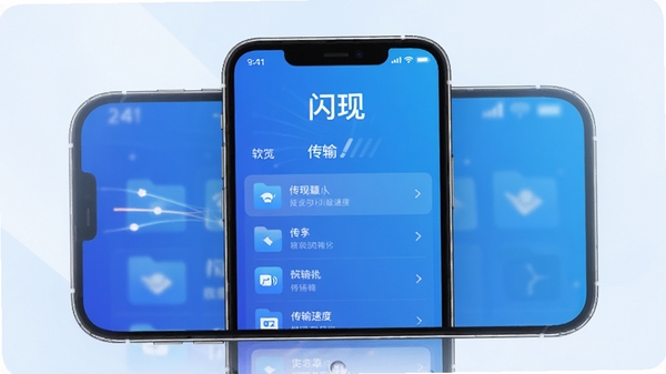 闪现软件主界面预览图，手机屏幕展示简洁的文件传输列表，背景为渐变蓝色科技感风格，图标带有光线流动效果，整体画面清晰明亮，突出软件名称“闪现”和传输速度感