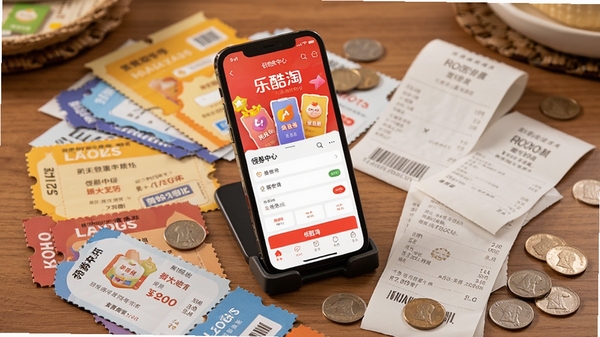 Boogu生成：俯视角度的摄影图片，一张木质的桌面上散落着各种颜色的优惠券和收据，一个智能手机支架立在其中，手机屏幕上显示乐酷淘APP的领券中心页面，页面色彩丰富，周围点缀着几枚硬币，画面光线柔和，营造出一种实惠和丰收的氛围。