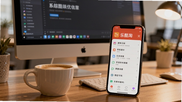 Boogu生成：电脑显示器前摆放着一杯咖啡和一部手机，手机屏幕上是乐酷淘APP的更新日志界面，背景是模糊的办公环境，画面风格写实，光线温暖，传达出软件持续优化、稳定可靠的感觉。