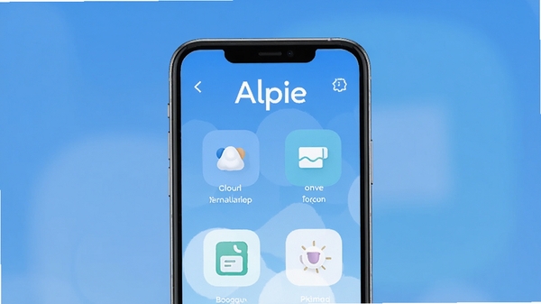 一张展示Alpie应用主界面的示意图,画面中央是手机屏幕样式,屏幕内显示简洁的功能图标排列,背景为渐变蓝色调,整体风格干净明亮,突出应用名称Alpie,适配Boogu模型生成
