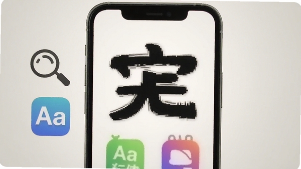 免费加大字体手机主界面预览图，画面中心是一部智能手机，屏幕显示超大号的粗体汉字和醒目的彩色大图标，背景为温馨的浅灰色渐变，左侧有放大镜图标和字体Aa符号，整体风格简洁明亮，适合中老年用户视觉习惯。