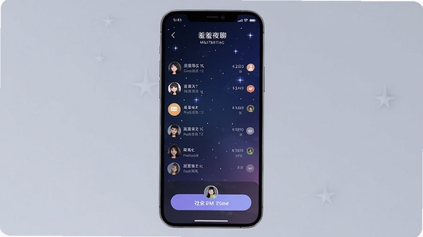羞羞夜聊软件主界面预览图，手机屏幕显示聊天列表和匹配按钮，背景为深蓝色星空渐变，整体风格时尚简约，突出社交氛围