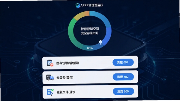 智慧APP清理功能运行界面，显示手机存储空间的环形占比图，下方列出缓存垃圾、安装包、重复文件三个清理选项，每个选项后带有清理按钮，背景为深蓝色科技感风格，强调安全与高效