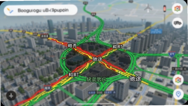 驰途实时路况地图路况图层效果，手机地图上红色黄色绿色线条交织，道路名称清晰可见，城市背景模糊处理，突出路况信息，适配Boogu模型生成