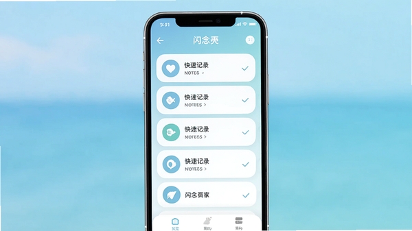 闪念贝壳应用主界面预览图，手机屏幕中央显示简洁的笔记列表，背景为柔和的渐变海蓝色，界面设计扁平化，图标圆润，整体风格清新自然，突出快速记录与整理的功能特点