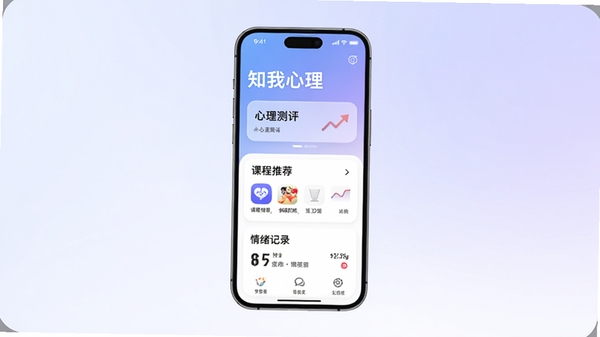 知我心理app主界面预览图，手机屏幕显示心理测评、课程推荐、情绪记录等模块，背景柔和渐变蓝紫色，风格现代简约，突出专业与温暖，整体构图居中，手机位于画面中央，周围留白，适合应用商店展示