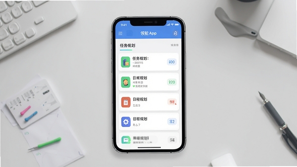 领舵App主界面截图，展示任务列表与日程规划，现代扁平化设计风格，背景为浅灰色工作台，手机屏幕居中显示，图标色彩鲜明，整体氛围专业高效