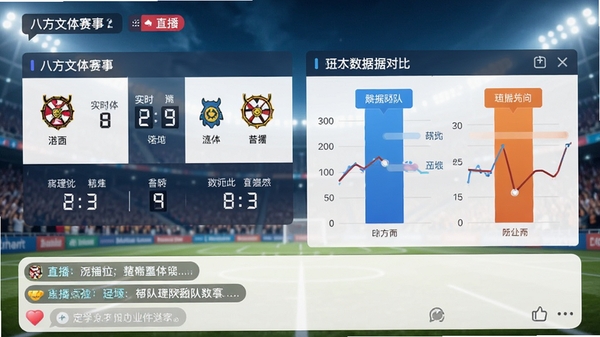 八方文体赛事直播界面截图，包含实时比分更新、球队数据对比图表，底部有直播互动评论区域，整体风格明亮清晰