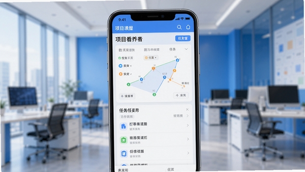 通力在握app主界面展示，手机屏幕中心显示项目看板与任务列表，背景为模糊的现代办公室环境，色调以蓝白为主，界面清爽，细节丰富，整体风格专业且现代，适合办公应用预览图。