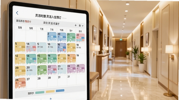 Stey酒店&公寓灵活入住模式展示图，画面中显示日历预订界面，不同颜色标注不同入住时长价格，背景是明亮酒店走廊，体现灵活便捷的预订体验