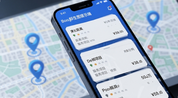 Boogu生图提示词：智能手机特写，屏幕展示“速邦师傅端”的订单卡片列表，卡片上有距离、服务项目与金额信息，背景虚化的城市地图与定位图标，科技蓝主色调，界面UI设计感强，高清渲染图。