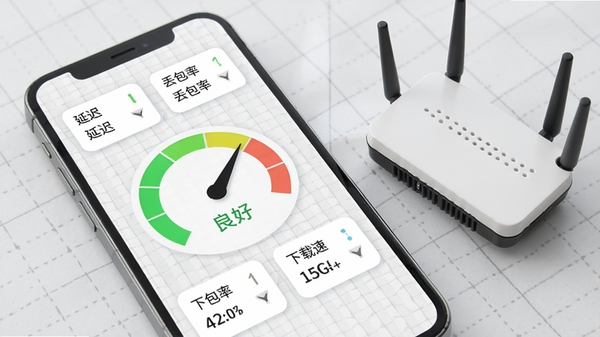 WiFi密码钥匙的网络体检功能界面截图风格展示，手机屏幕显示圆形仪表盘，指针指向“良好”区域，周围分布着延迟、丢包率、下载速度等数据卡片，背景为浅灰色网格纸纹理，手机旁放置一个小型路由器模型，整体色调清新明亮，编辑风格写实