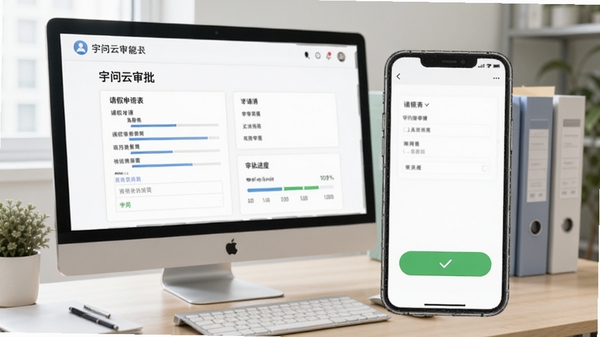 宇问云审批功能界面截图，展示请假申请表单和审批进度条，背景为办公桌面，有电脑和文件，画面突出手机屏幕上的绿色对勾按钮，整体色调清爽自然