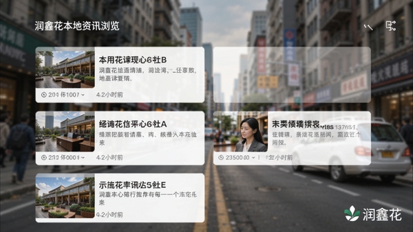 润鑫花本地资讯浏览界面，屏幕展示多条新闻摘要卡片，配有缩略图和发布时间，背景为模糊的城市街景，色彩自然，突显资讯的本地化和多样性，润鑫花品牌标识位于屏幕角落