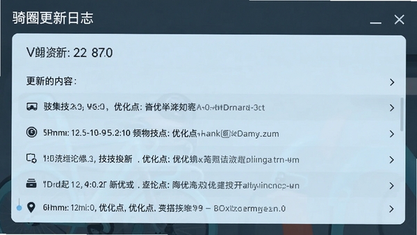 骑圈更新日志界面截图，展示版本号与更新内容列表，背景为淡蓝色的功能模块展示，风格简洁，突出新技术与优化点。