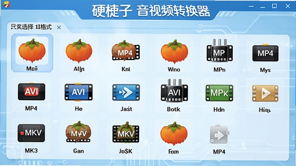 硬柿子音视频转换器格式选择界面，展示多种视频格式图标如MP4、AVI、MKV排列，背景为浅蓝色科技感风格，软件名称醒目显示在顶部，画面清晰直观