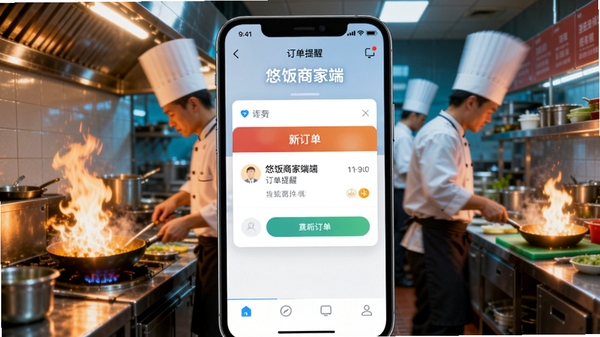悠饭商家端订单提醒界面，手机屏幕上有新订单弹窗，背景是繁忙的餐厅厨房，厨师正在烹饪，画面动态感强，色彩明亮