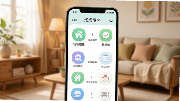 塔塔屋主界面展示,手机屏幕中显示生活服务功能列表,背景为温馨的室内环境,界面风格简洁明亮,图标圆润,色彩清新,整体画面清晰,适合应用商店截图风格