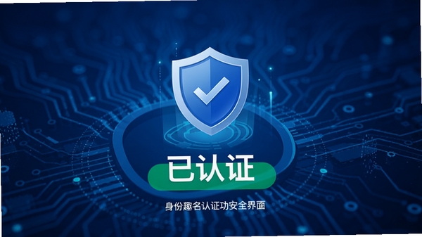 帮忙趣实名认证安全界面，展示身份认证成功的状态页面，带有盾牌图标和“已认证”字样，背景为抽象的蓝色科技纹理，传递安全可靠的感觉