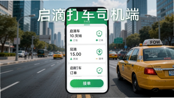 启滴打车司机端主界面预览图，展示清晰的订单列表和接单按钮，背景为城市道路与出租车元素，界面风格简洁现代，绿色调为主，整体明亮，突出软件名称“启滴打车司机端”字样，适配Boogu模型生成。