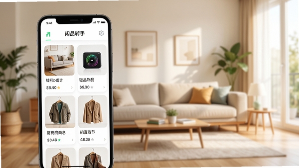 转手二手物品APP主界面，前景展示一个智能手机屏幕，屏幕内是二手商品列表，包含家具、数码、衣物等缩略图，背景是干净明亮的现代客厅，暖色调，商品卡片清晰，UI设计简洁，暗示闲置物品轻松转手，整体风格清新自然，适合APP首页宣传图