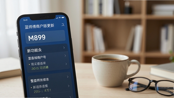 蓝师傅商户版更新日志页面展示,手机屏幕上显示版本号及新功能列表,旁边有一杯咖啡和眼镜,背景为简约书房,特写镜头,柔和光线