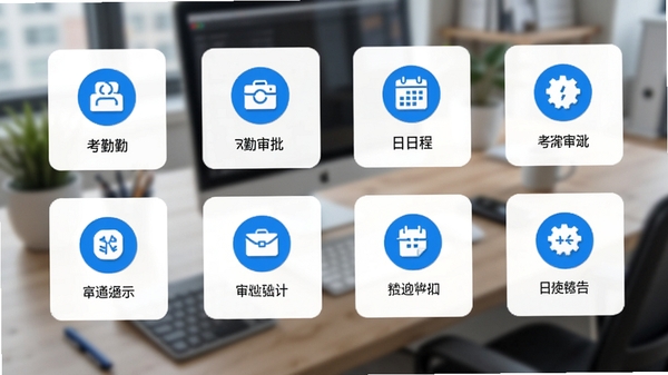 信通云工作台界面截图风格图，显示考勤、审批、日程等图标网格布局，背景为模糊化办公桌，突出功能图标，画面干净整洁，蓝白配色