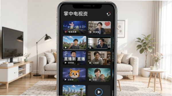 掌中电视主界面预览图，手机屏幕中展示电视频道列表与播放画面，背景为简洁客厅环境，色调明亮，突出软件名称与直播功能