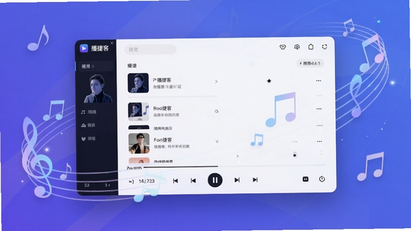 播捷客主界面预览图，展示其简洁直观的音乐列表与播放控制面板，背景为渐变蓝紫色调，画面中心突出播放器主界面，周围带有柔光与音符元素，整体风格现代且富有科技感，适配Boogu模型生成。