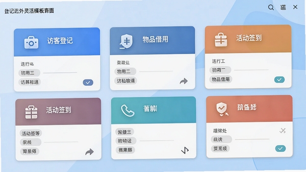 登记处软件的模板选择界面，屏幕中展示数张卡片式模板，包括访客登记、物品借用、活动签到等，每张卡片上有不同图标和字段预览，背景为淡蓝色渐变，突出选择灵活、操作便捷的特点
