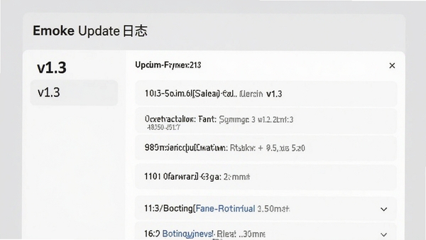 Emoke更新日志界面,展示版本号v1.3和更新内容列表,背景为浅灰色,文字清晰,界面简洁,采用卡片式布局,整体风格现代,画面比例为16:9