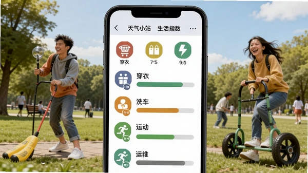 天气小站生活指数页面，展示穿衣、洗车、运动等指数，背景为户外人物活动场景，手机界面用彩色图标和进度条展示指数等级，风格活泼生动，适合Boogu模型生成