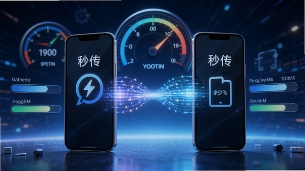 YOOTIN传输速度测试场景图，画面中央是两部并排放置的智能手机，屏幕之间以发光数据流线条连接，背景有动态的速度仪表盘和文件进度条，强调秒传和高速稳定的特点，色调明亮，充满科技动感