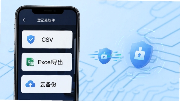 登记处软件导出数据操作界面，手机屏幕显示导出选项列表，包括CSV导出、Excel导出和云备份，旁边有数据传输动画，背景为科技感浅蓝色调，体现数据安全与便捷
