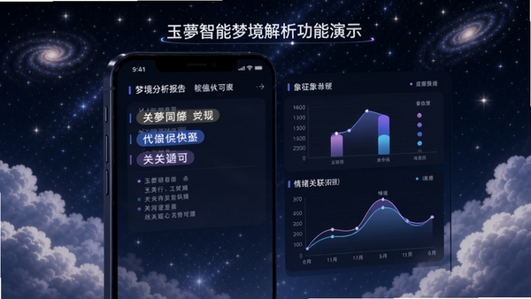 玉智能梦境解析功能演示,手机界面显示梦境分析报告,包含关键词高亮、象征图表与情绪关联曲线,背景为星空与云朵元素,体现科技与心灵结合