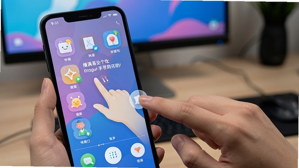 播满易个性化手势设置界面，画面展示用户正在屏幕上绘制手势以触发快捷操作，背景为个性化定制的手机主题壁纸，突出交互的自由度与趣味性