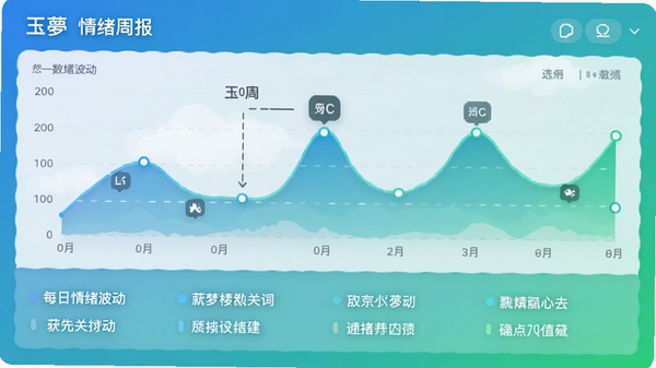 玉情绪周报界面,折线图显示一周情绪波动,下方列出每日梦境关键词,界面清爽,使用蓝色与绿色渐变,突出数据可视化效果