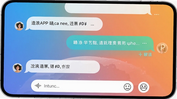 造浪APP聊天界面截图，对话气泡采用圆角设计，背景是渐变色，底部有语音输入和表情符号按钮，整体UI设计精美，展现流畅的社交沟通体验