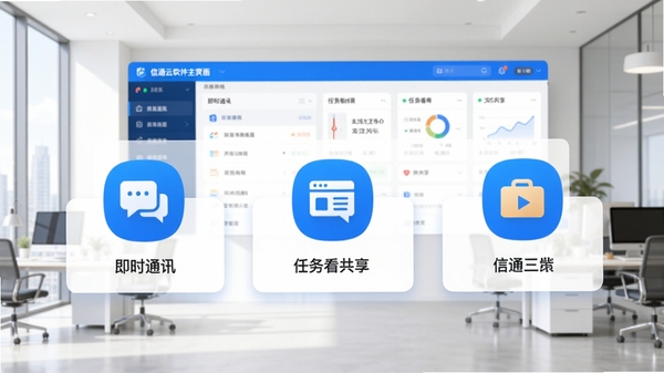 信通云软件主界面概览图，展示即时通讯、任务看板、文件共享三大核心模块，背景为现代简约办公室场景，主体图标清晰，色彩以蓝白为主，风格明亮专业