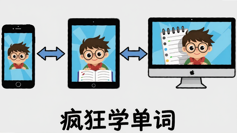 疯狂学单词多端同步示意图，左侧手机、中间平板、右侧电脑，三者之间箭头连接表示数据同步，底部有“疯狂学单词”字样，背景为浅灰色，Boogu 风格