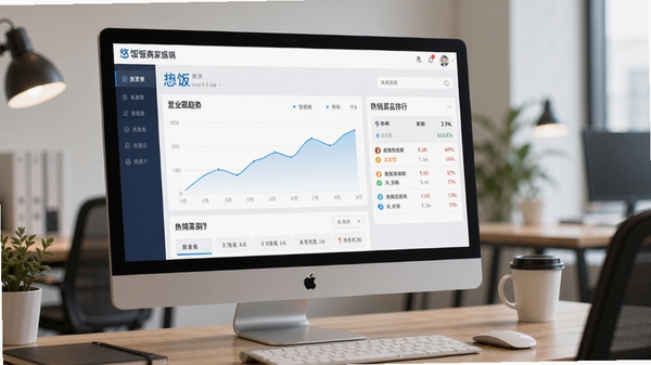 悠饭商家端数据报表页面，展示营业额趋势图和热销菜品排行，背景为办公室场景，电脑屏幕显示图表，光线柔和，专业感强