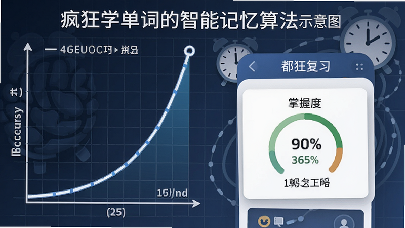疯狂学单词的智能记忆算法示意图,左侧显示一条上升的遗忘曲线,右侧是单词复习卡片界面,卡片上标有掌握度百分比,背景有网格和时钟元素,突出科学复习节奏