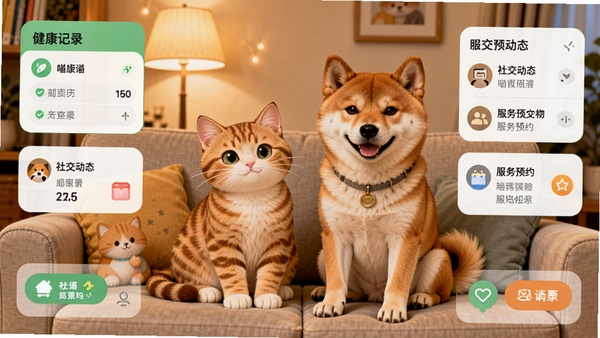 喵汪派应用主界面预览图，画面中央是一只可爱的橘猫和一只柴犬并排坐在沙发上，背景是温馨的客厅，暖色调灯光，界面元素以卡片式布局呈现，包含健康记录、社交动态、服务预约等模块，整体风格清新明快，细节丰富，适合作为应用展示图